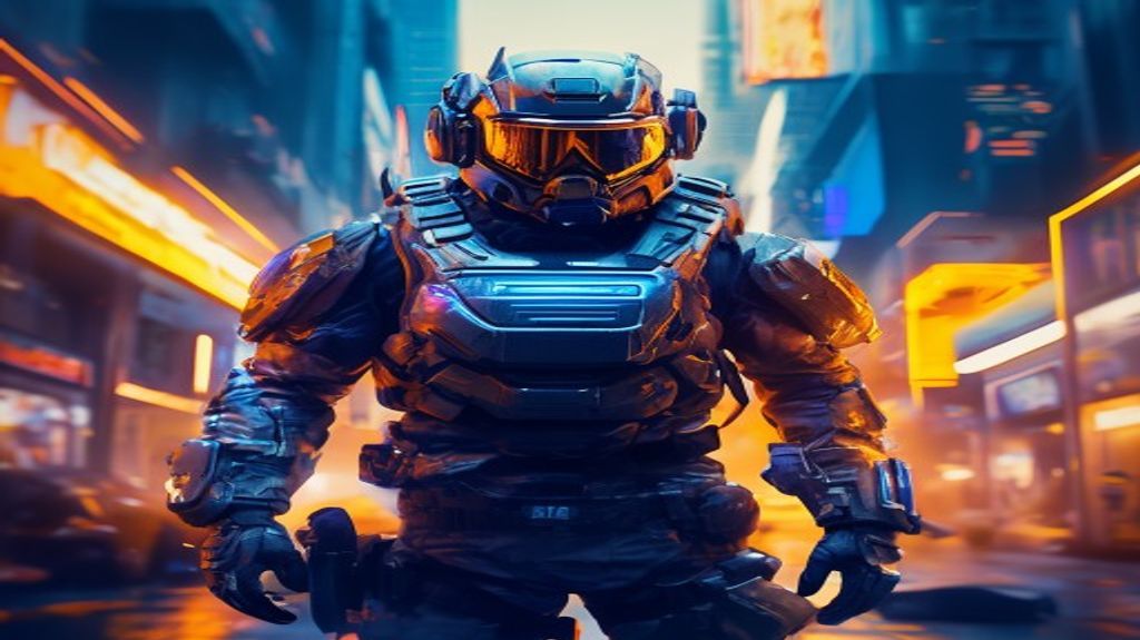 A futuristic soldier in a war-torn environment