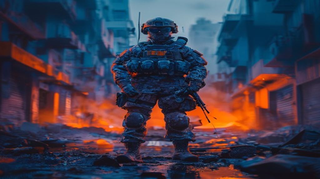 Soldier in a war-torn urban environment