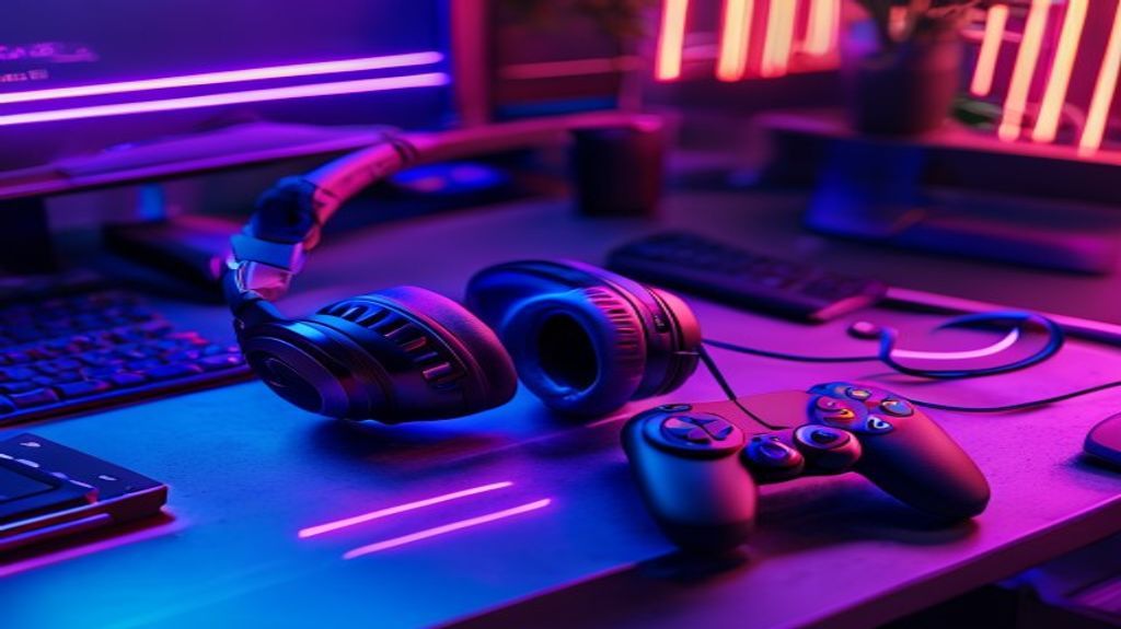 Gaming desk setup featuring a professional controller and headset.