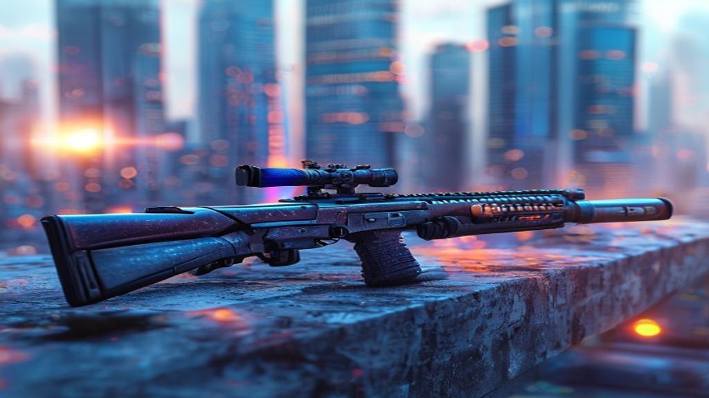 Close up of a sniper rifle on a ledge overlooking a city.