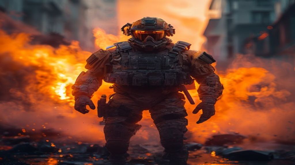 A tactical soldier standing in a war-torn urban environment at sunset.