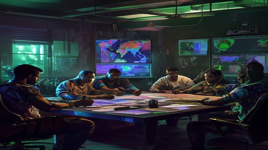 Players gathered around a digital heist planning table in GTA Online