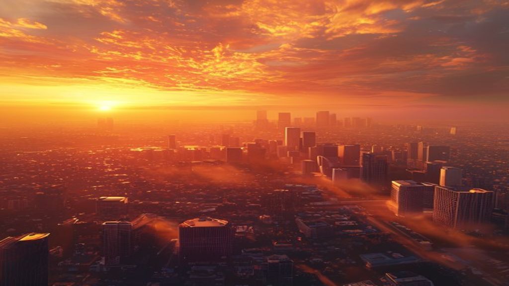 Aerial sunset view of the sprawling city of Los Santos.