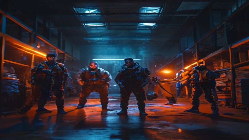 Tactical heist team preparing for a mission in a warehouse.