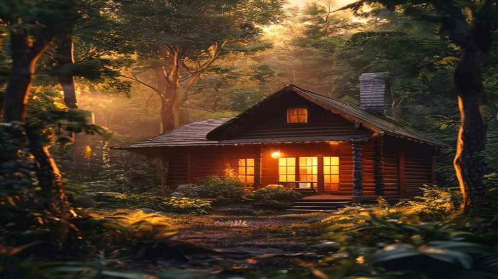 Cozy Minecraft cabin at sunset