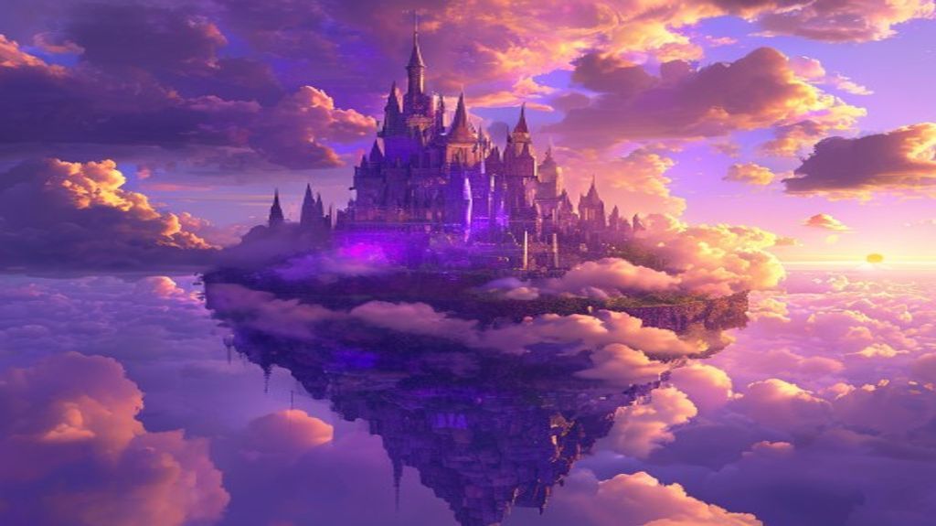 A majestic castle build in Minecraft hovering above the clouds.