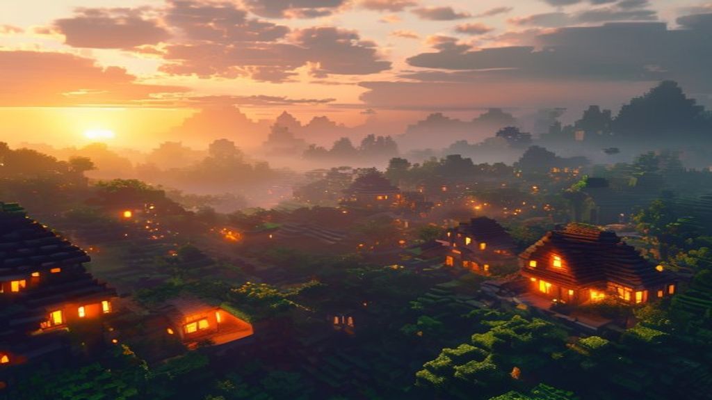 A breathtaking sunrise over a block-built Minecraft village.