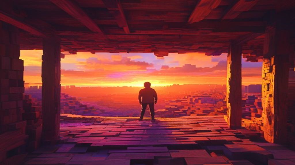 Player inside a wooden shelter at sunset