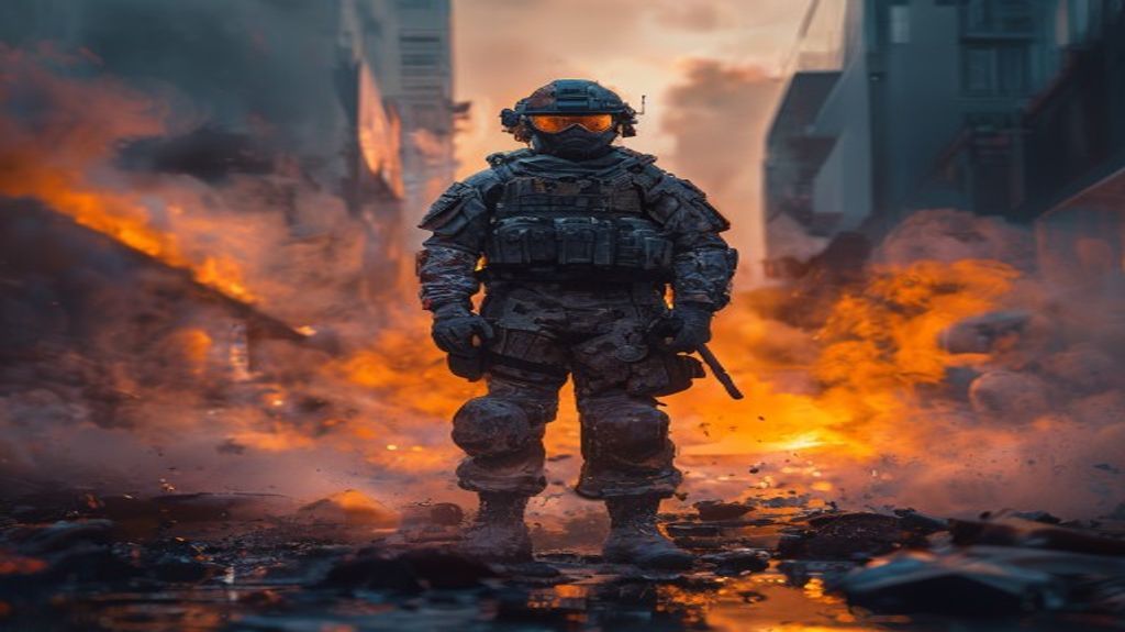 A futuristic soldier in a gritty urban warzone