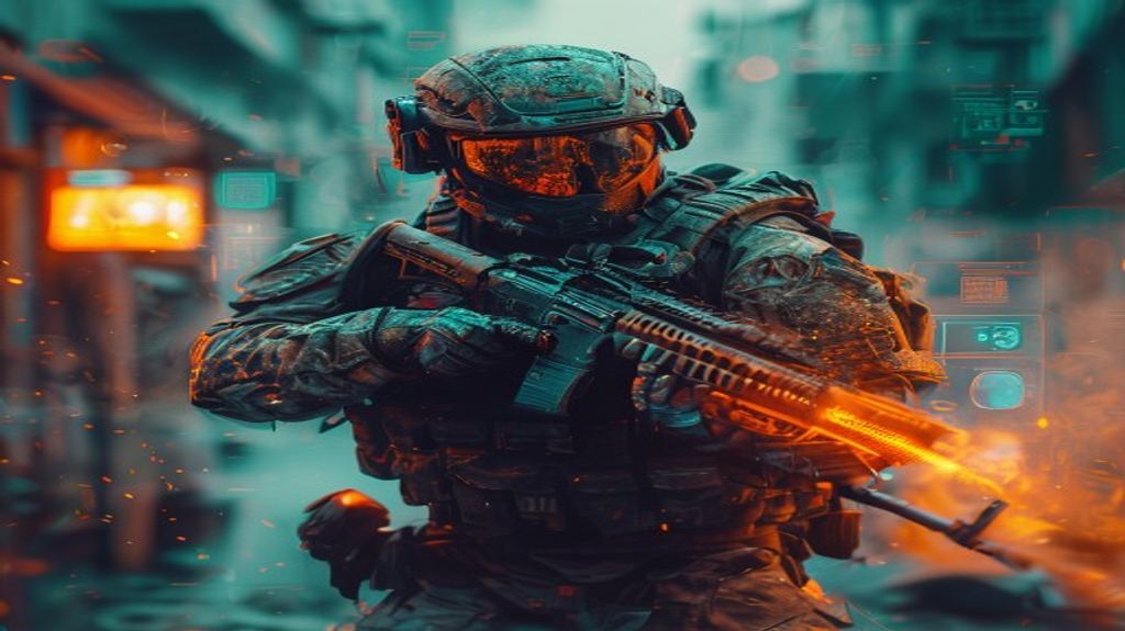Soldier in a futuristic urban warzone