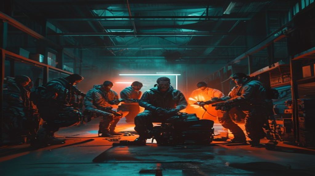 Heist crew preparing in a warehouse