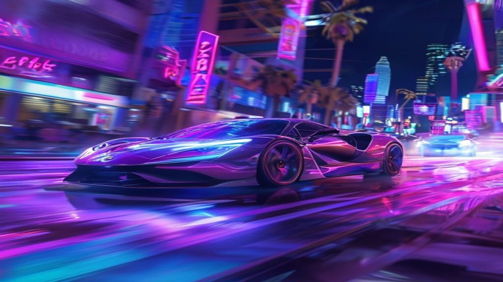 A sleek sports car racing through downtown Los Santos