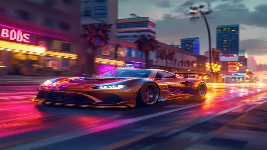 Modified sports car driving through Los Santos at sunset