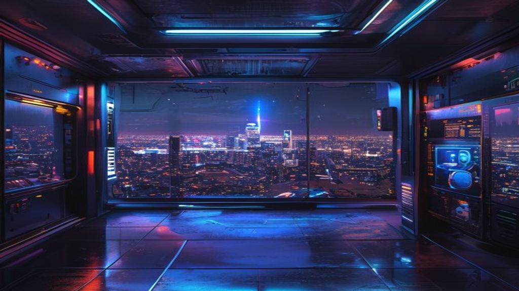 Futuristic safehouse interior overlooking Los Santos