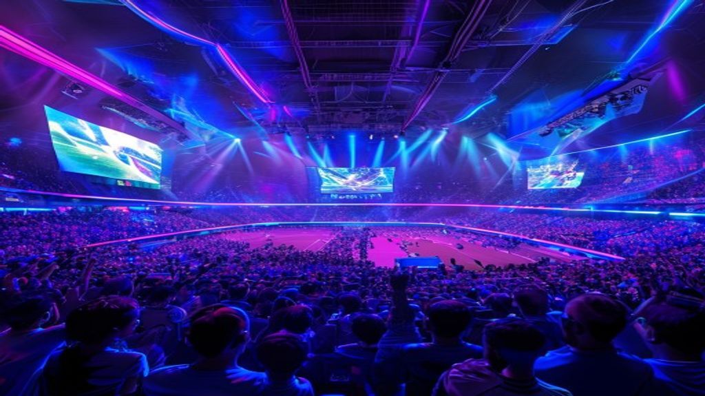 A massive esports stadium filled with fans watching a digital competition