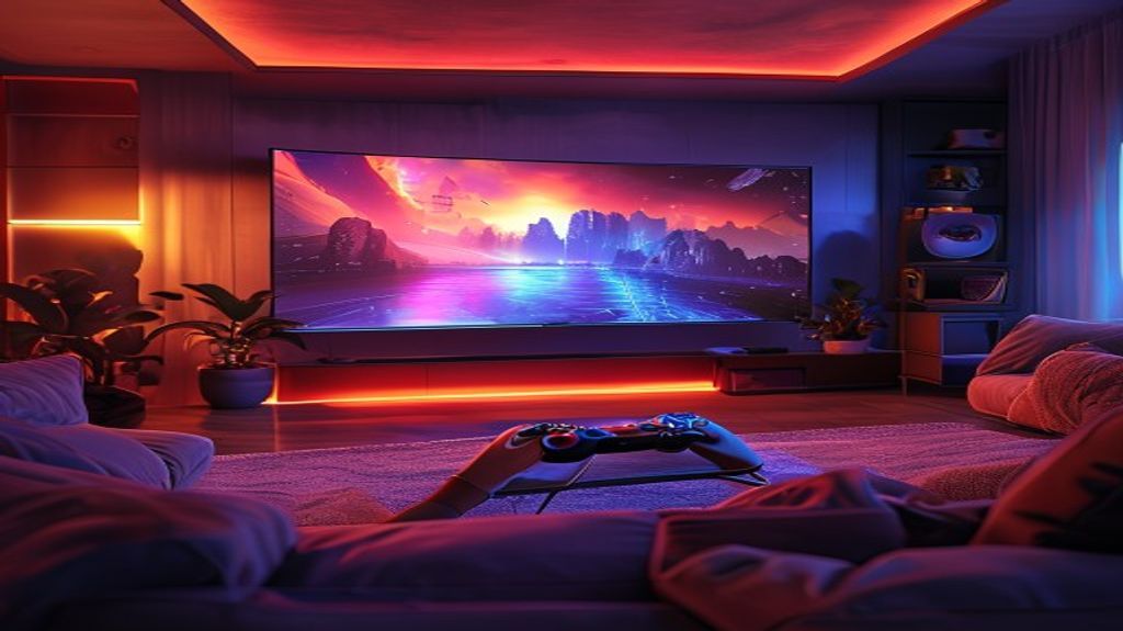 A gamer enjoying seamless cloud gaming on a large screen in a modern home