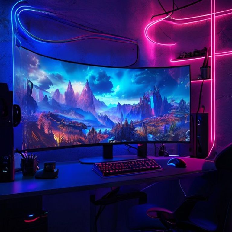 Futuristic gaming setup featuring an immersive display
