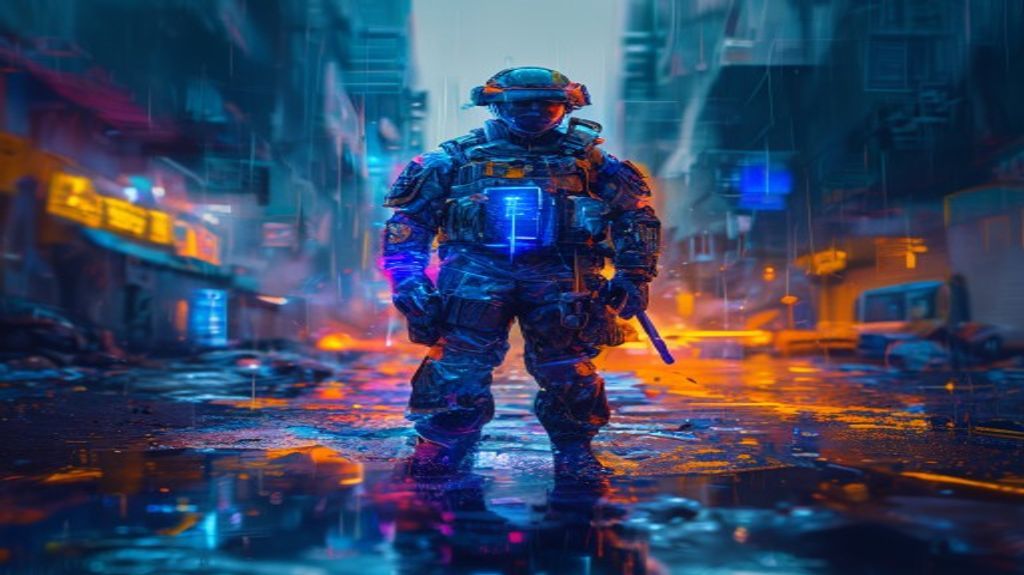 Futuristic soldier in a high-tech combat environment