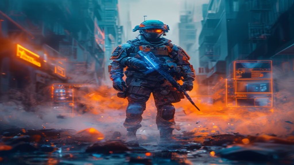 A futuristic soldier standing in a war-torn urban setting with holographic HUD elements.