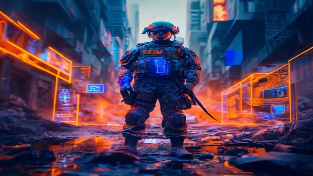 Futuristic soldier in a cinematic war environment
