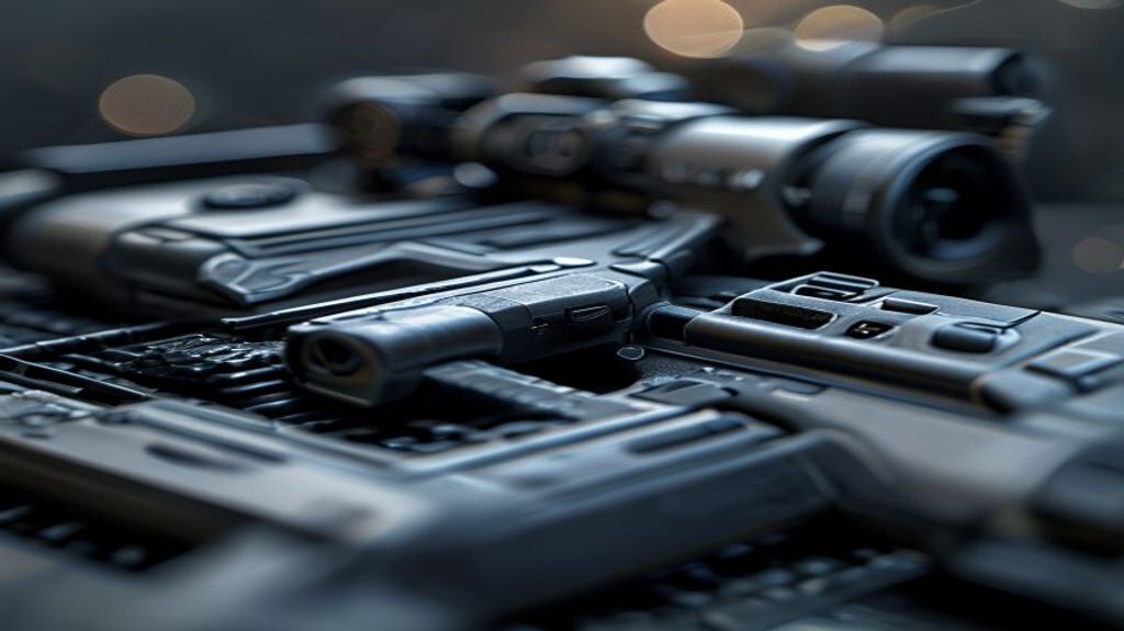A detailed close-up shot of a tactical firearm with advanced attachments.