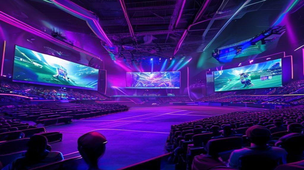 A professional esports arena packed with fans watching a competitive gaming match.