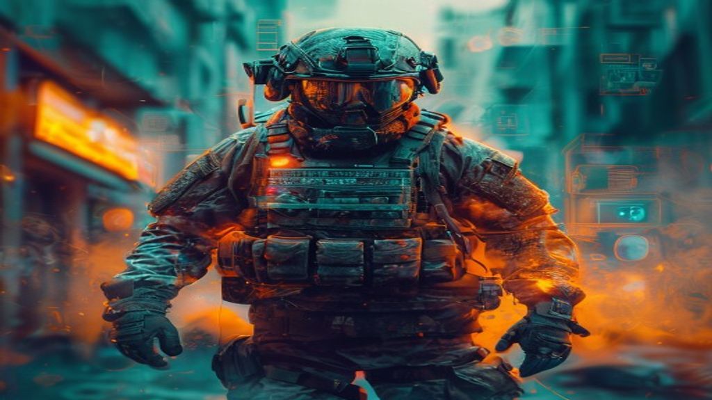Soldier in urban warfare setting with HUD interface