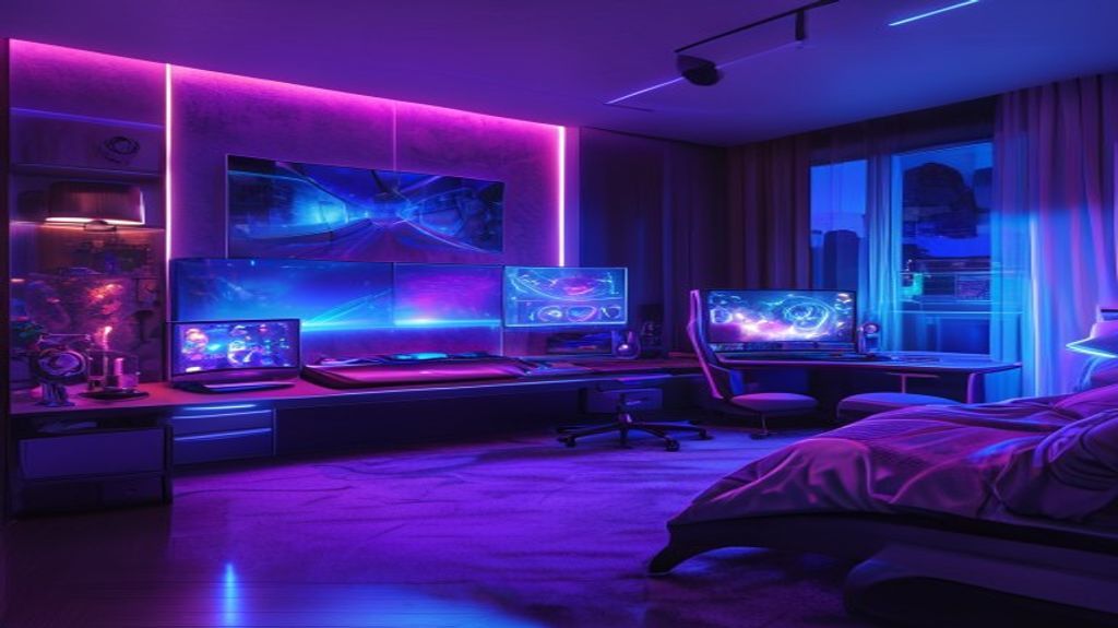 Futuristic gaming setup with neon lighting