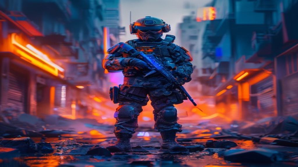 A soldier in a futuristic urban war zone