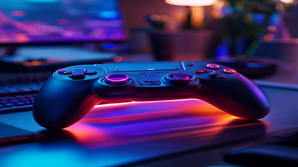 A high-tech gaming controller on a sleek desk