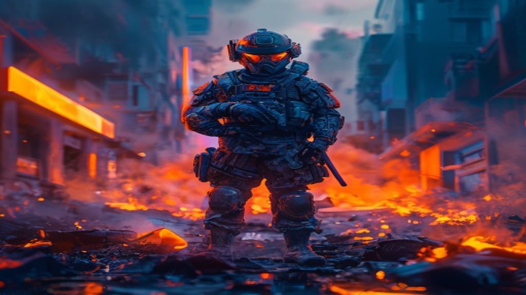 Futuristic soldier in a tactical warzone