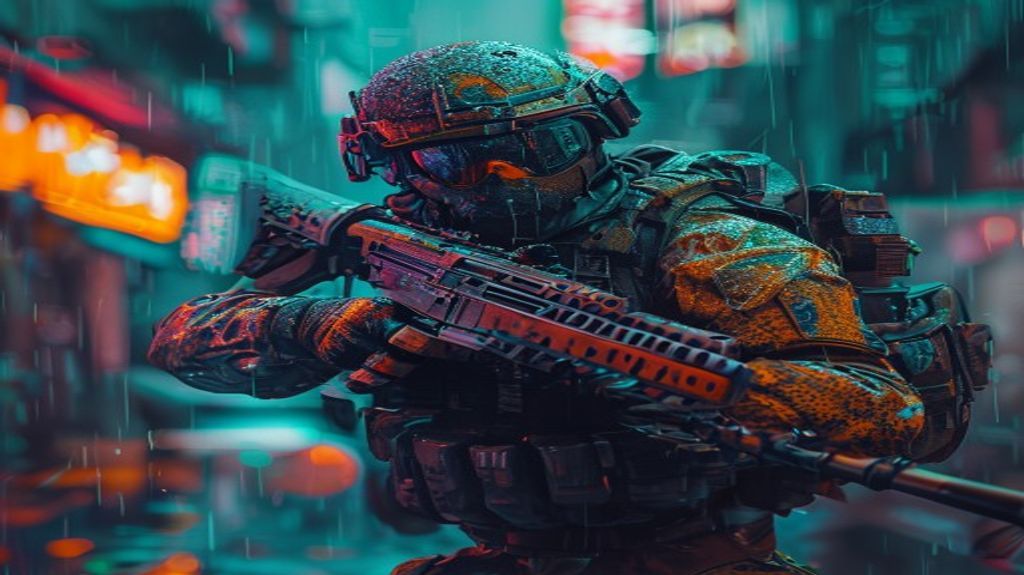 Soldier in a neon-lit rainy warzone