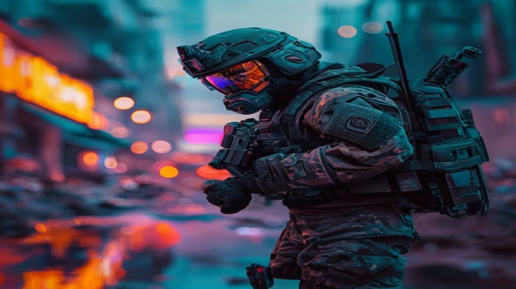 Futuristic Call of Duty soldier in urban environment