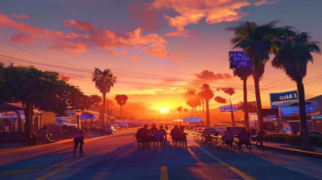 A wide-angle view of Los Santos during golden hour.