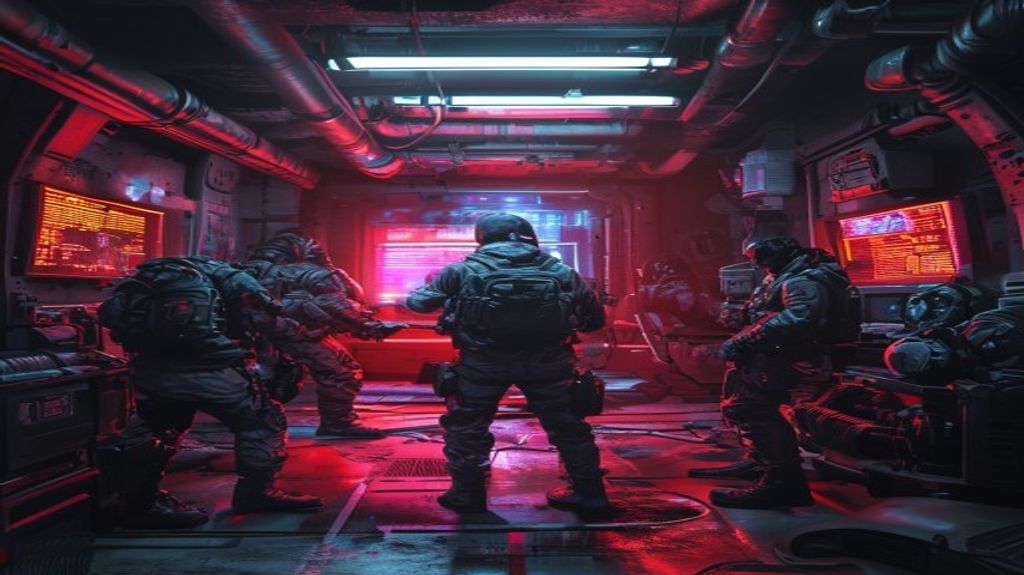 A team of players preparing for a heist in a high-tech bunker.
