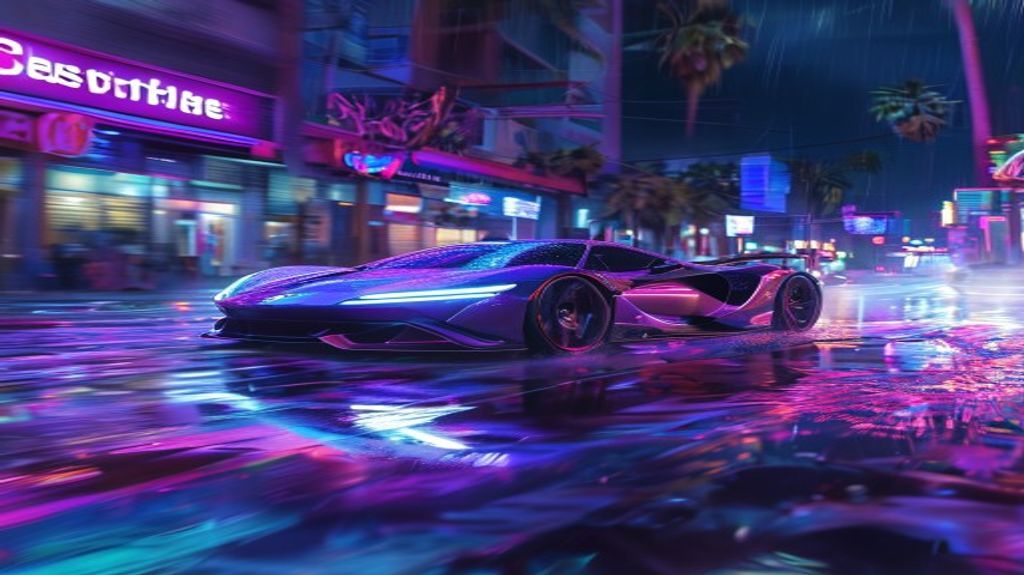 A cinematic shot of a supercar driving through Los Santos at night.