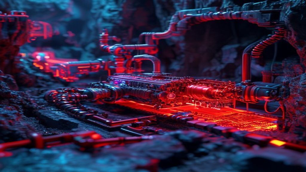 Intricate redstone machinery glowing in a dark underground cave