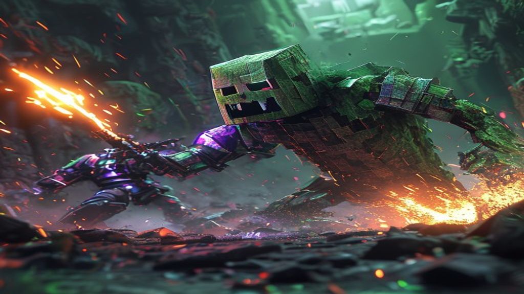 A high-action scene depicting a player battling a Creeper.