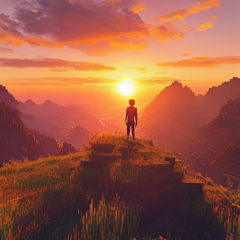 A breathtaking view of a Minecraft-inspired landscape during sunset