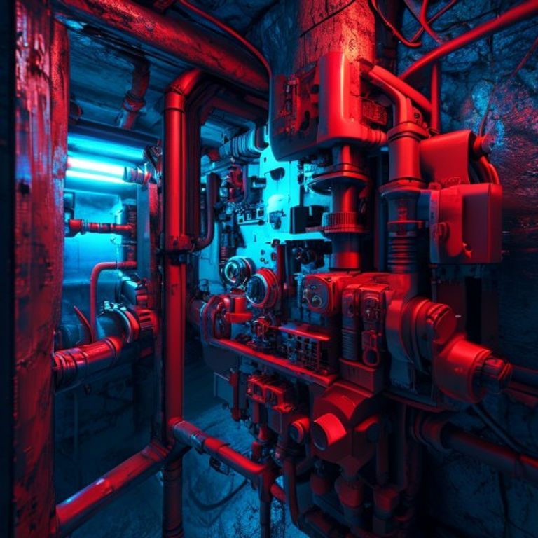 Detailed redstone contraptions illuminating a dark cave