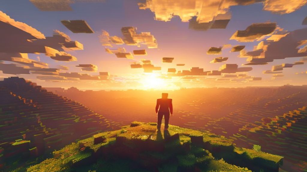 Minecraft landscape at sunset