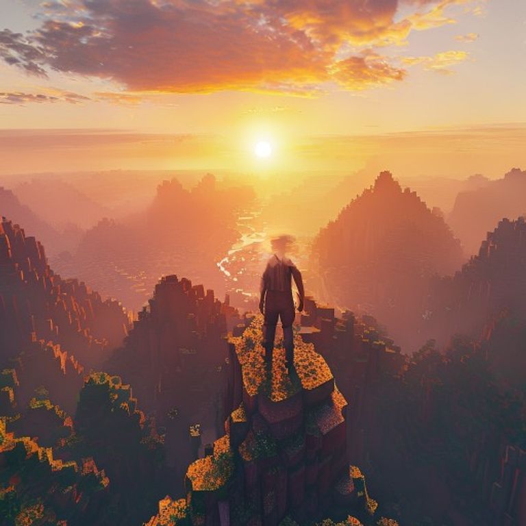 Minecraft landscape at sunrise