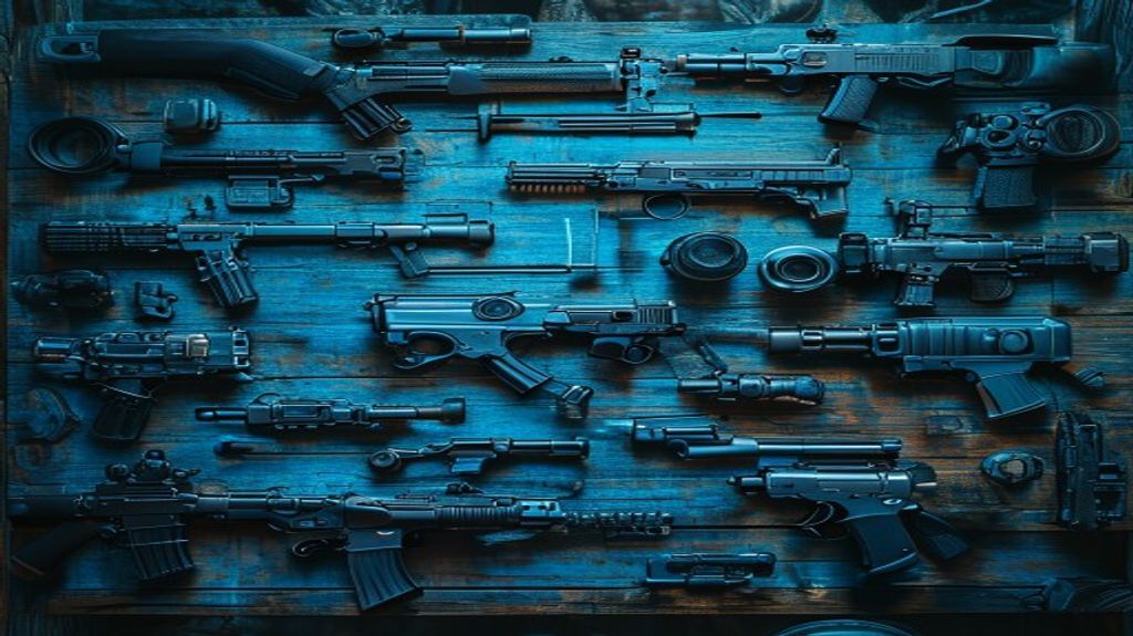 A collection of tactical weapons and attachments prepared for a high-stakes match.