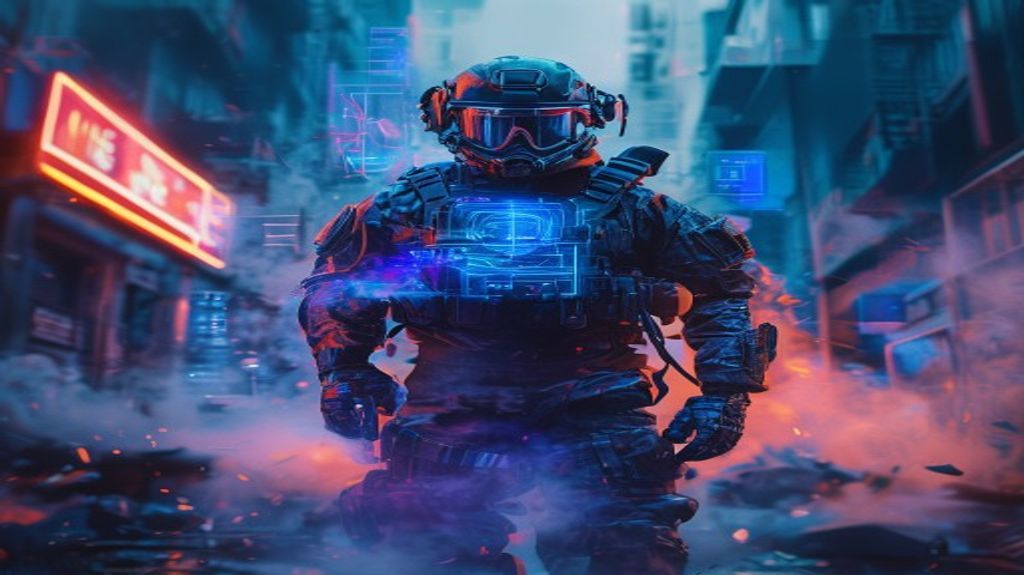 Futuristic Call of Duty soldier in urban combat