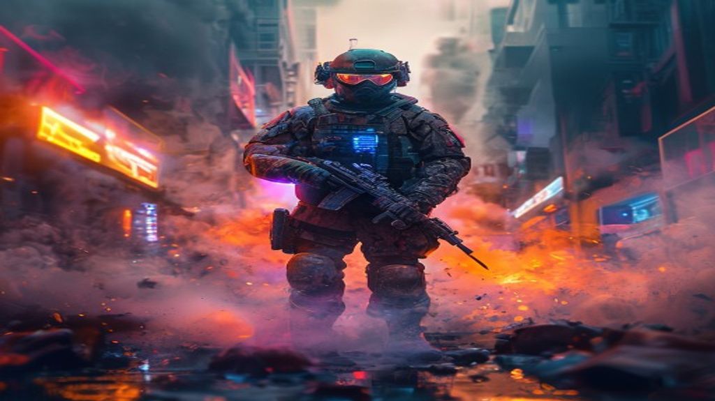 Futuristic soldier in a modern warfare environment