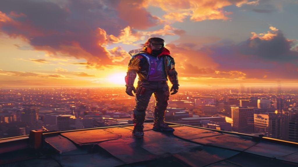 Character overlooking Los Santos city at sunset