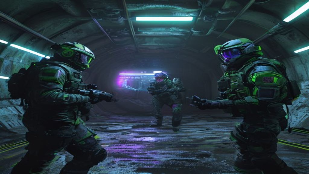 Players in tactical gear during a mission