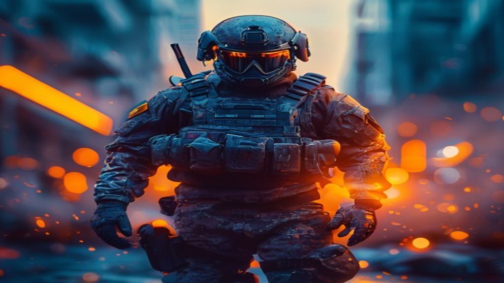 Futuristic soldier in urban battlefield