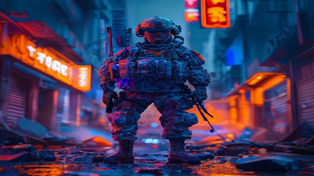 A futuristic soldier standing in a high-stakes combat environment