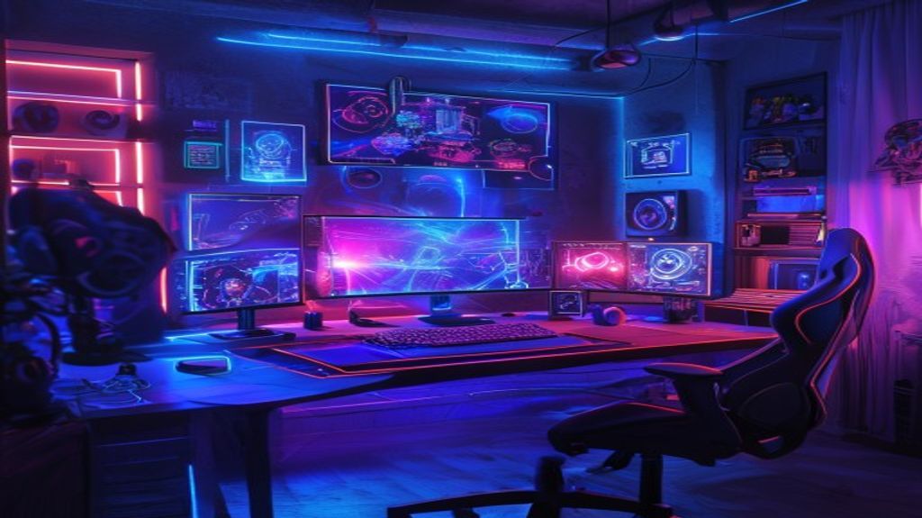 Futuristic gaming setup with holographic displays
